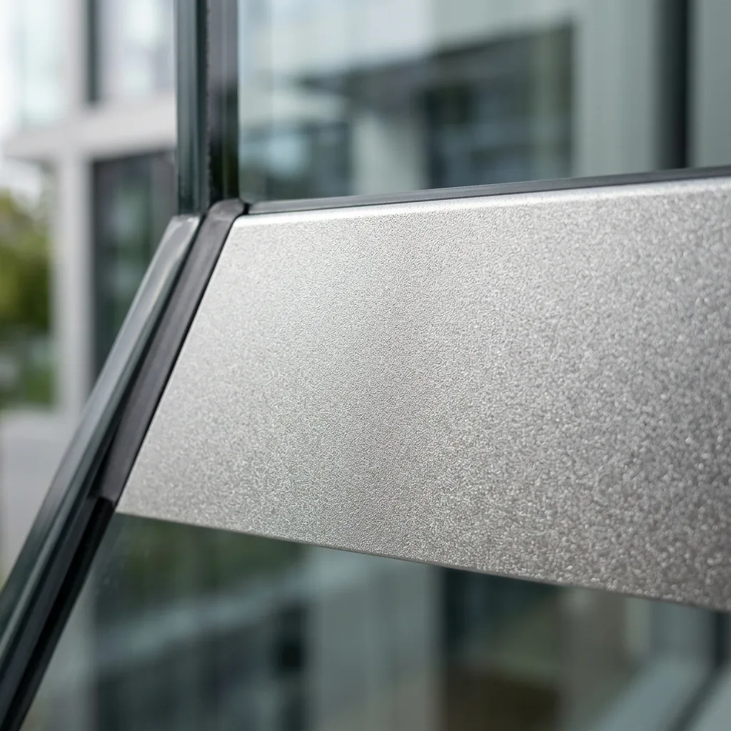 Macro photography of a premium silver anodized aluminum window frame surface showing metallic sheen