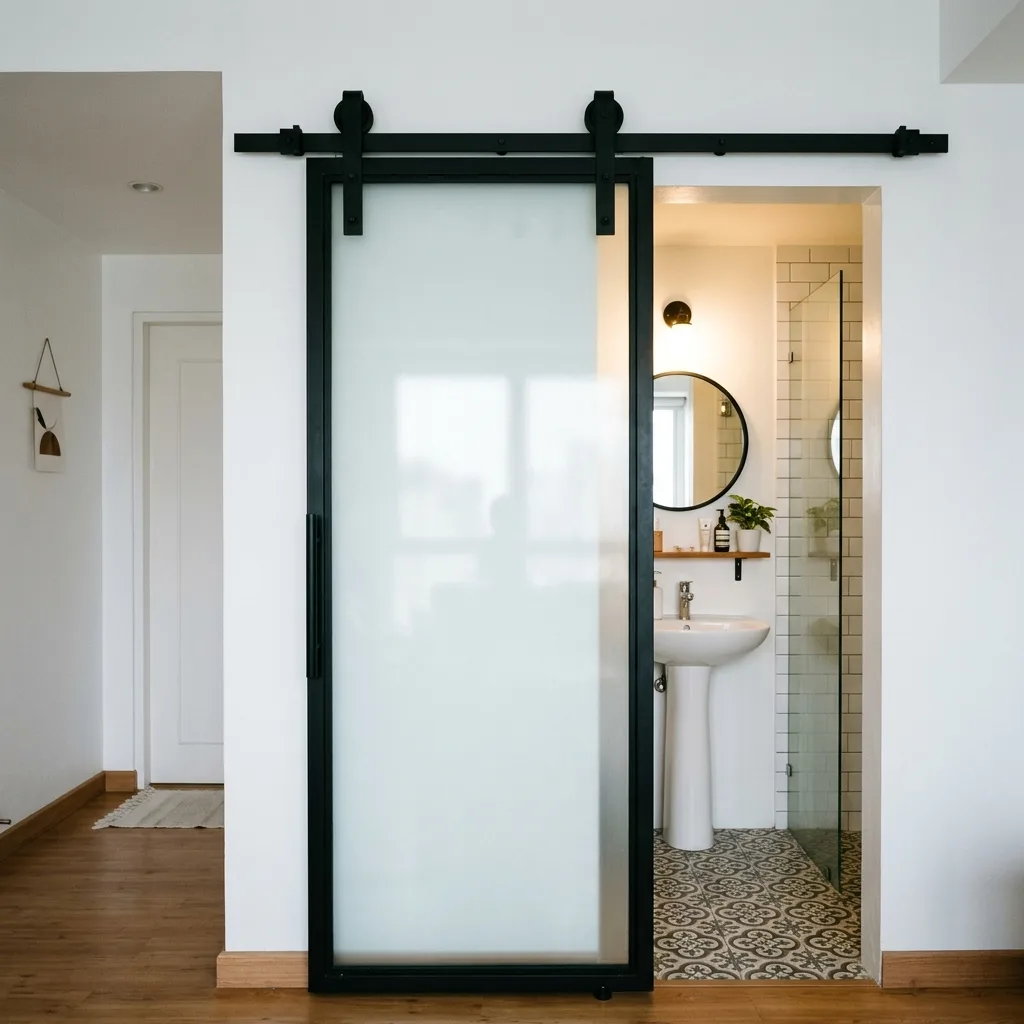 Sliding glass barn door with matte black hardware for a small condo bathroom