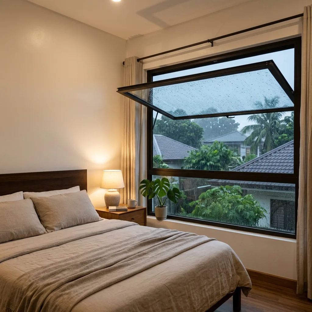 Awning window in a modern Philippine bedroom allowing fresh air during light rain