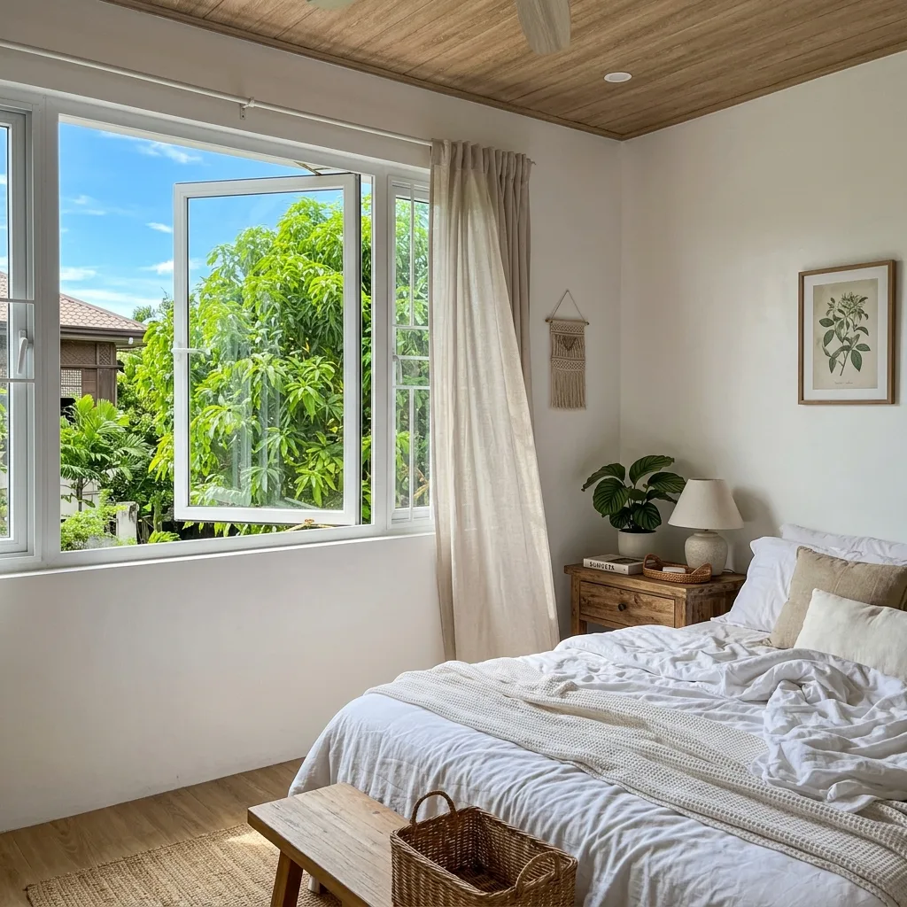 Bedroom interior with a casement window swung wide open catching a bright breeze