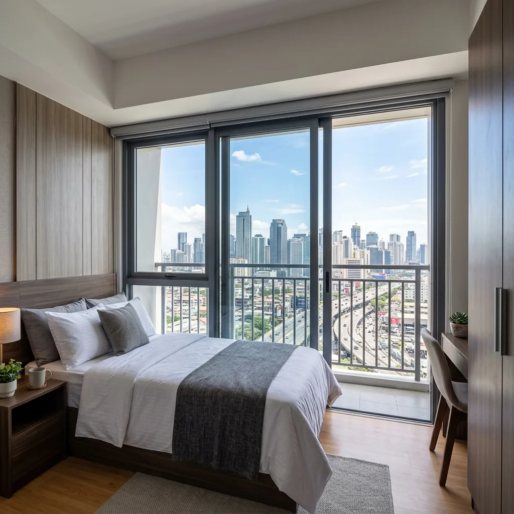 Modern high-rise condo bedroom in Metro Manila with sliding windows