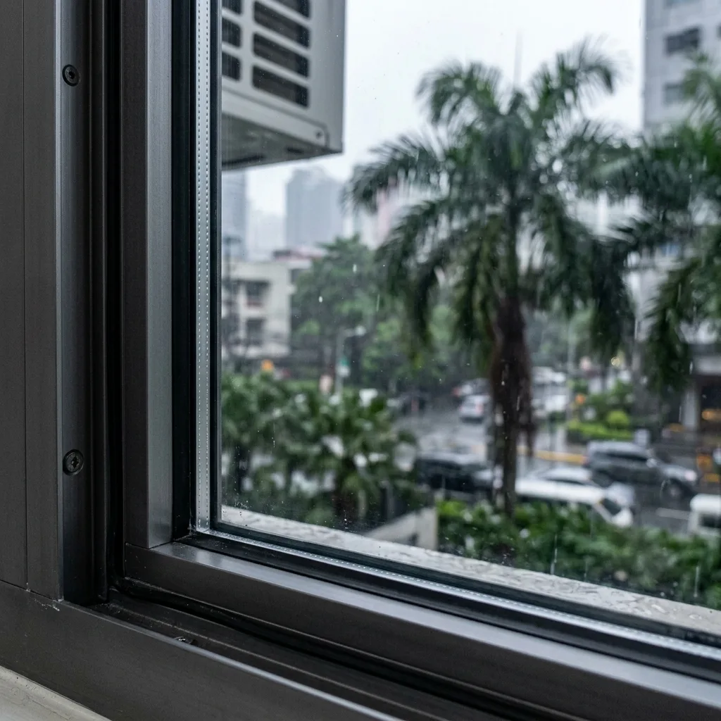Double-glazed window remaining completely dry while air conditioner runs in tropical humidity