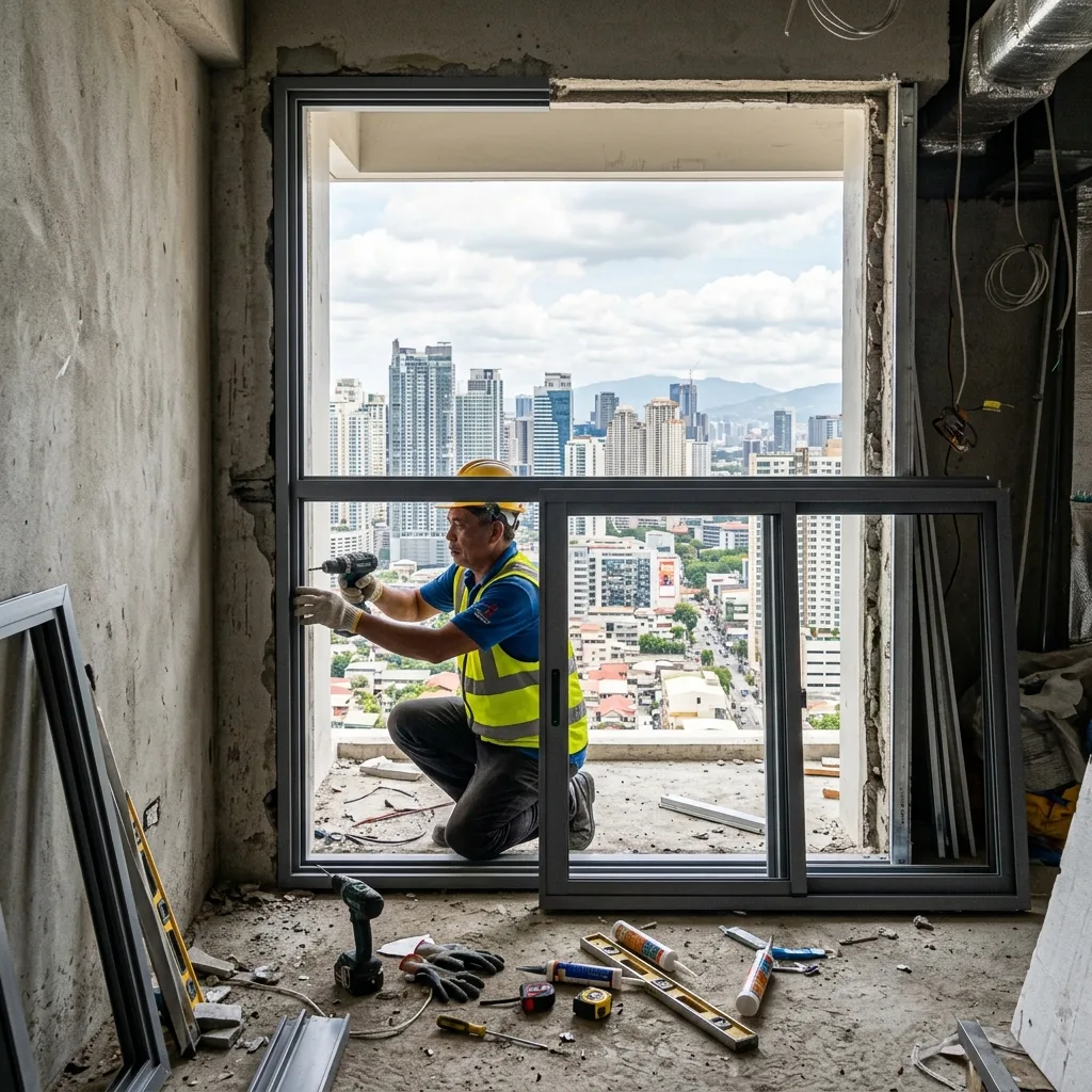 Professional installer fitting new aluminum window frame in a high-rise Philippine condo unit