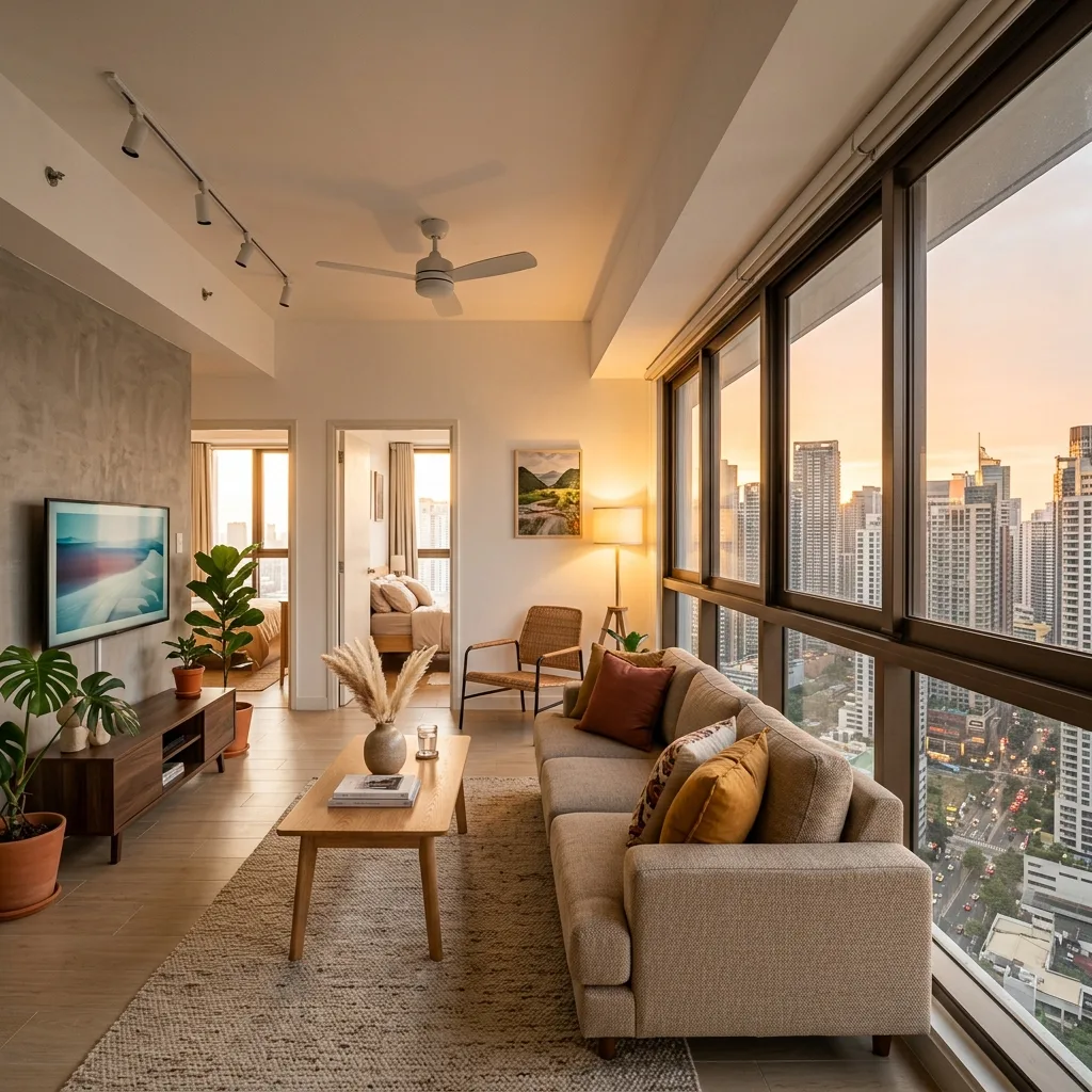 Modern Philippine condo living room with large aluminum sliding windows and city view