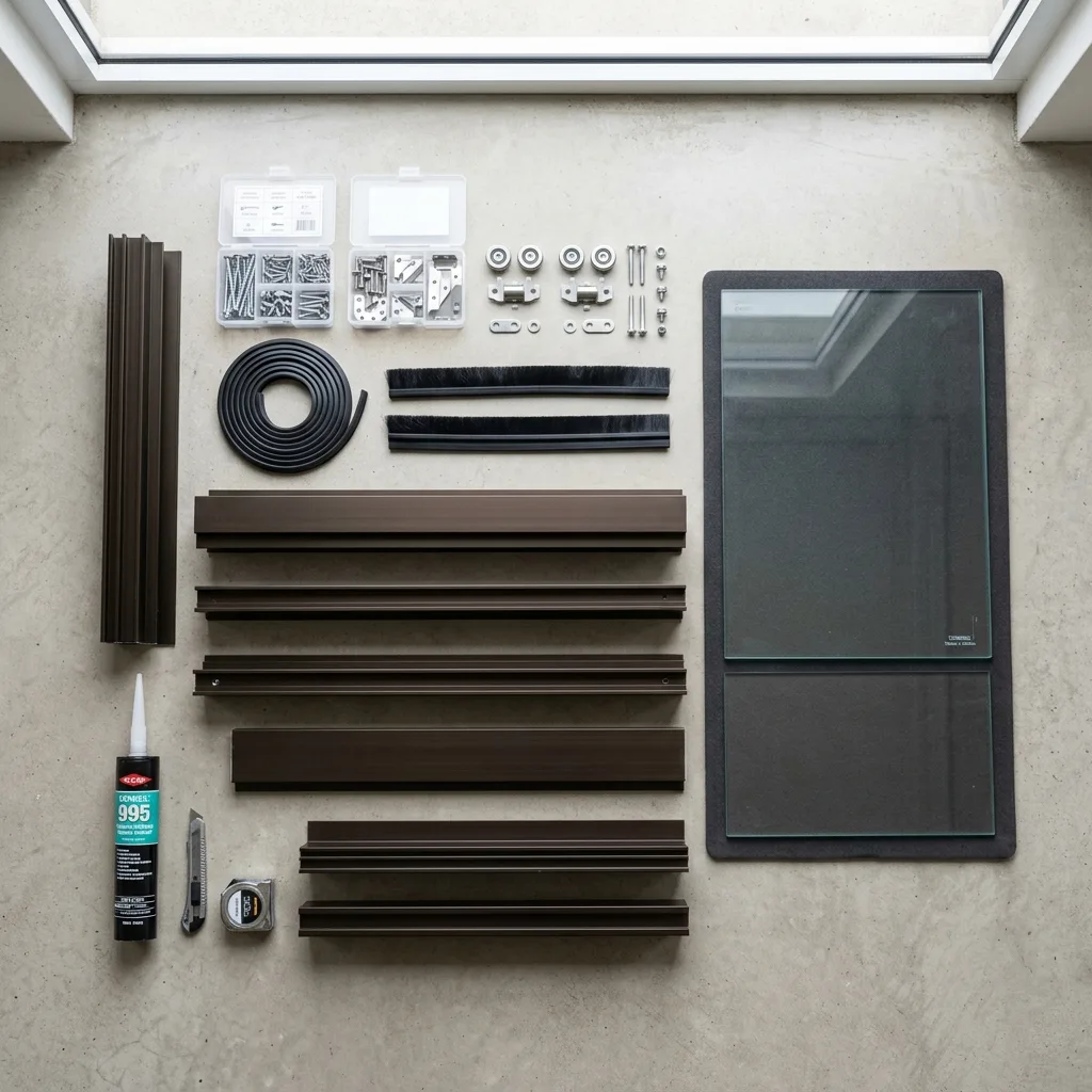 Window replacement components: aluminum profiles, tempered glass, rollers, sealant, and hardware laid out