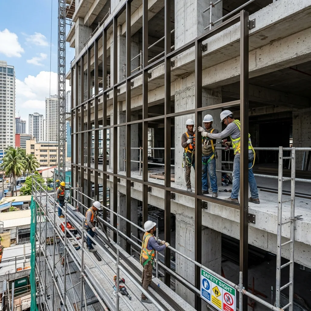 Construction workers installing a stick-built curtain wall on a mid-rise commercial building