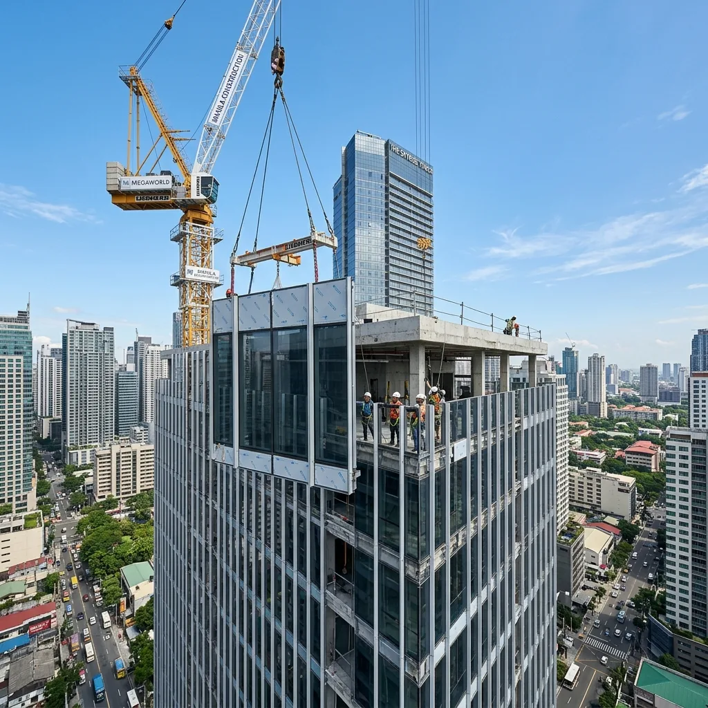 Tower crane lifting a unitized curtain wall panel on a Metro Manila high-rise