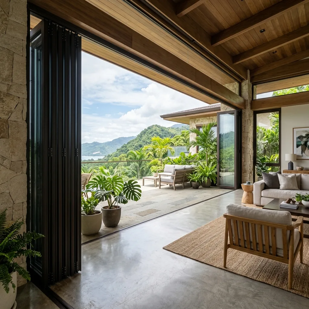 Bi-fold glass door system fully opened creating seamless indoor-outdoor living space