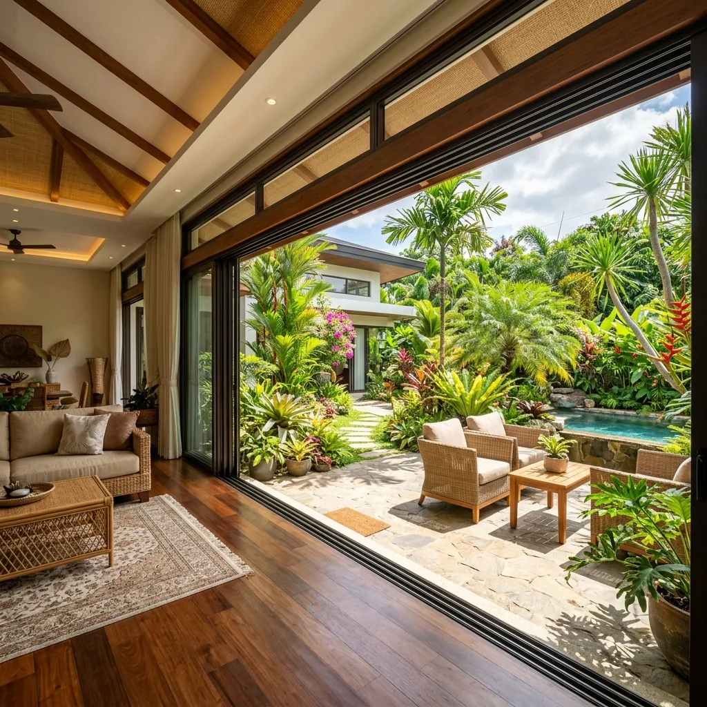 Wide aluminum sliding glass door open to tropical garden patio