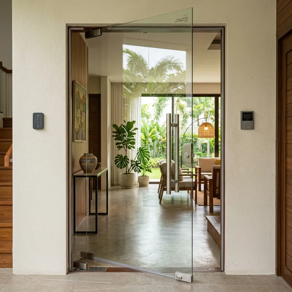 Frameless tempered glass swing door with stainless steel hardware at home entrance