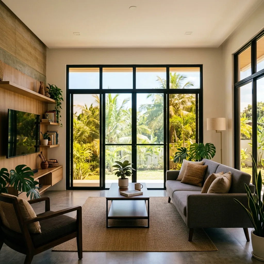 Modern Philippine living room with bronze-tinted glass windows reducing solar glare