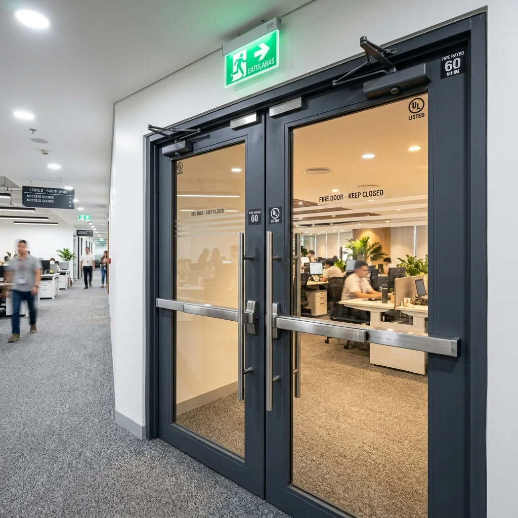 Heavy-duty fire-rated glass double doors in a Philippine commercial office corridor