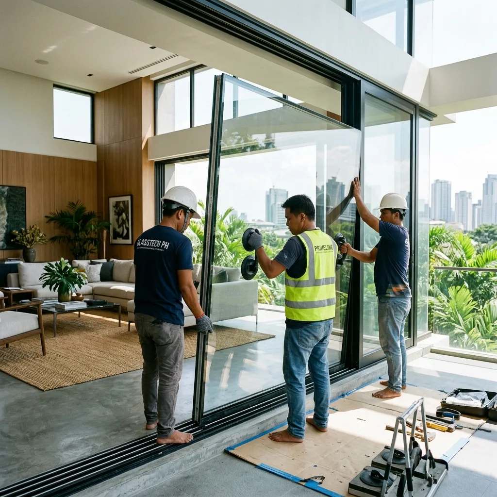 Installers fitting a heavy double-glazed window panel in a Philippine home