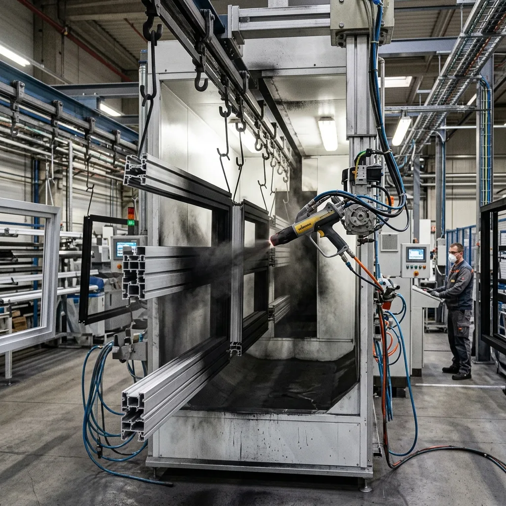 Automated electrostatic powder coating process applying dry polymer powder to aluminum profiles