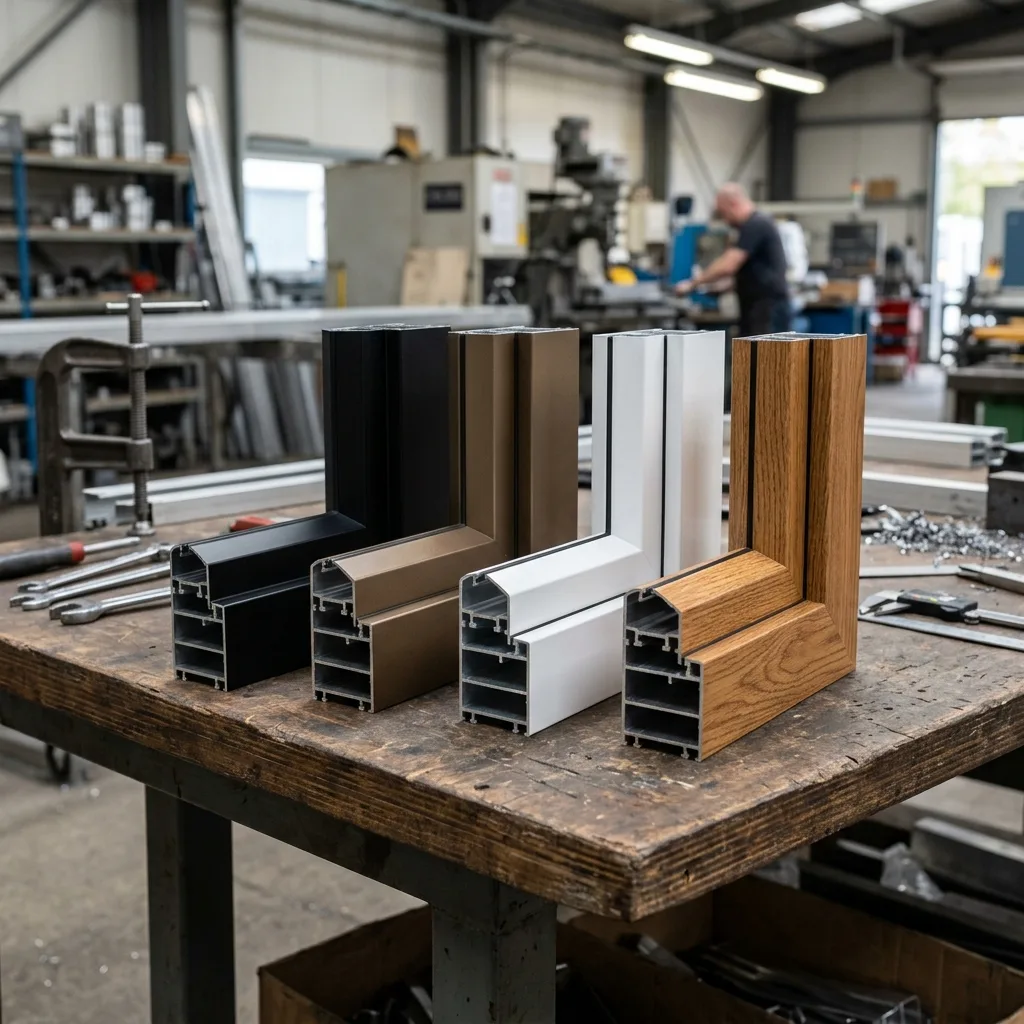 Aluminum window profiles with different finishes for specification