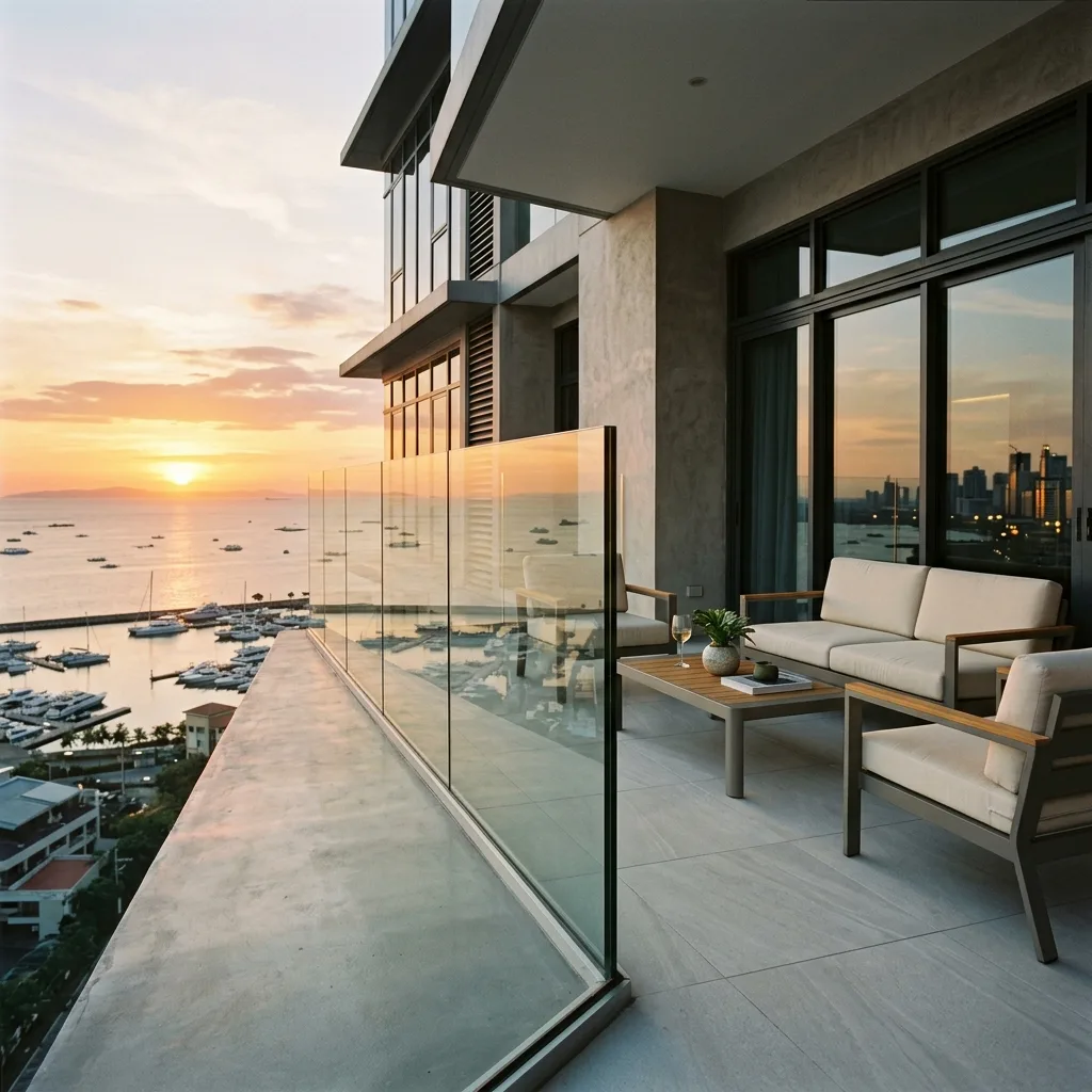 Luxury frameless glass railing on a high-end Philippine condo balcony