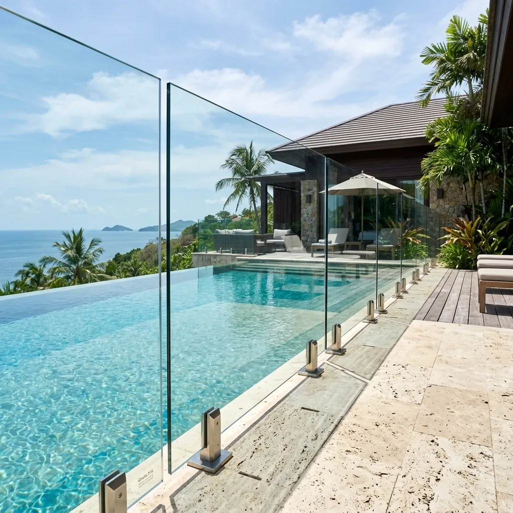 Frameless glass pool fence using stainless steel spigots