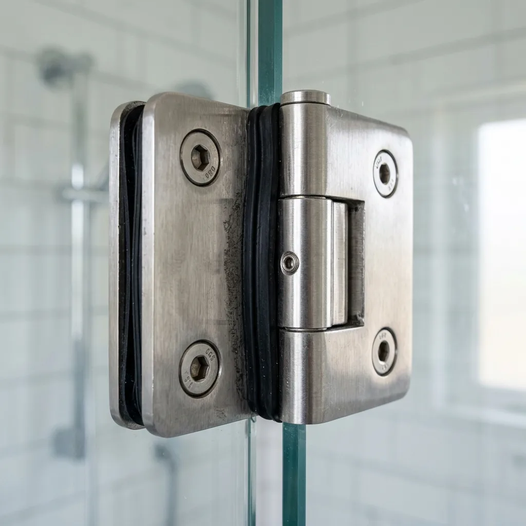 Close-up of stainless steel shower glass hinge showing 10mm tempered glass clamped with rubber gasket