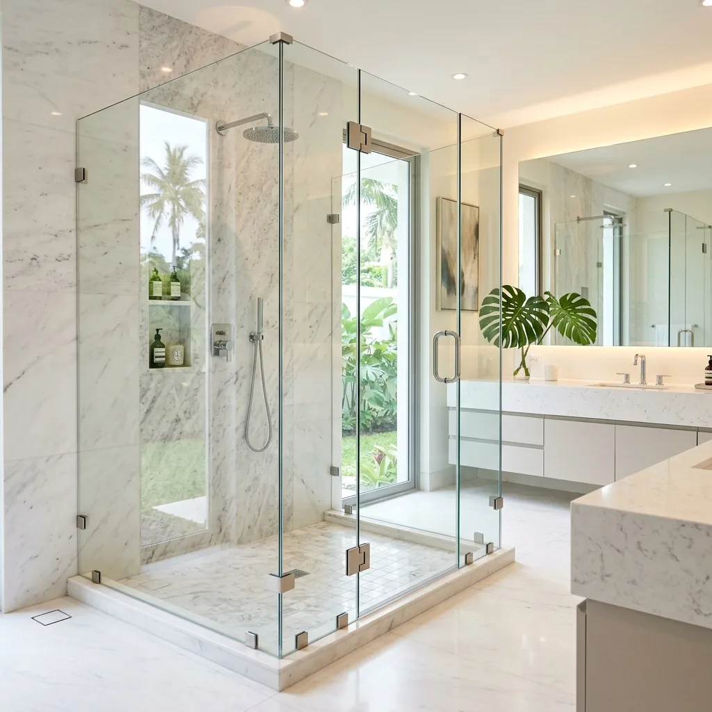 L-shaped frameless glass shower enclosure with stainless steel hardware