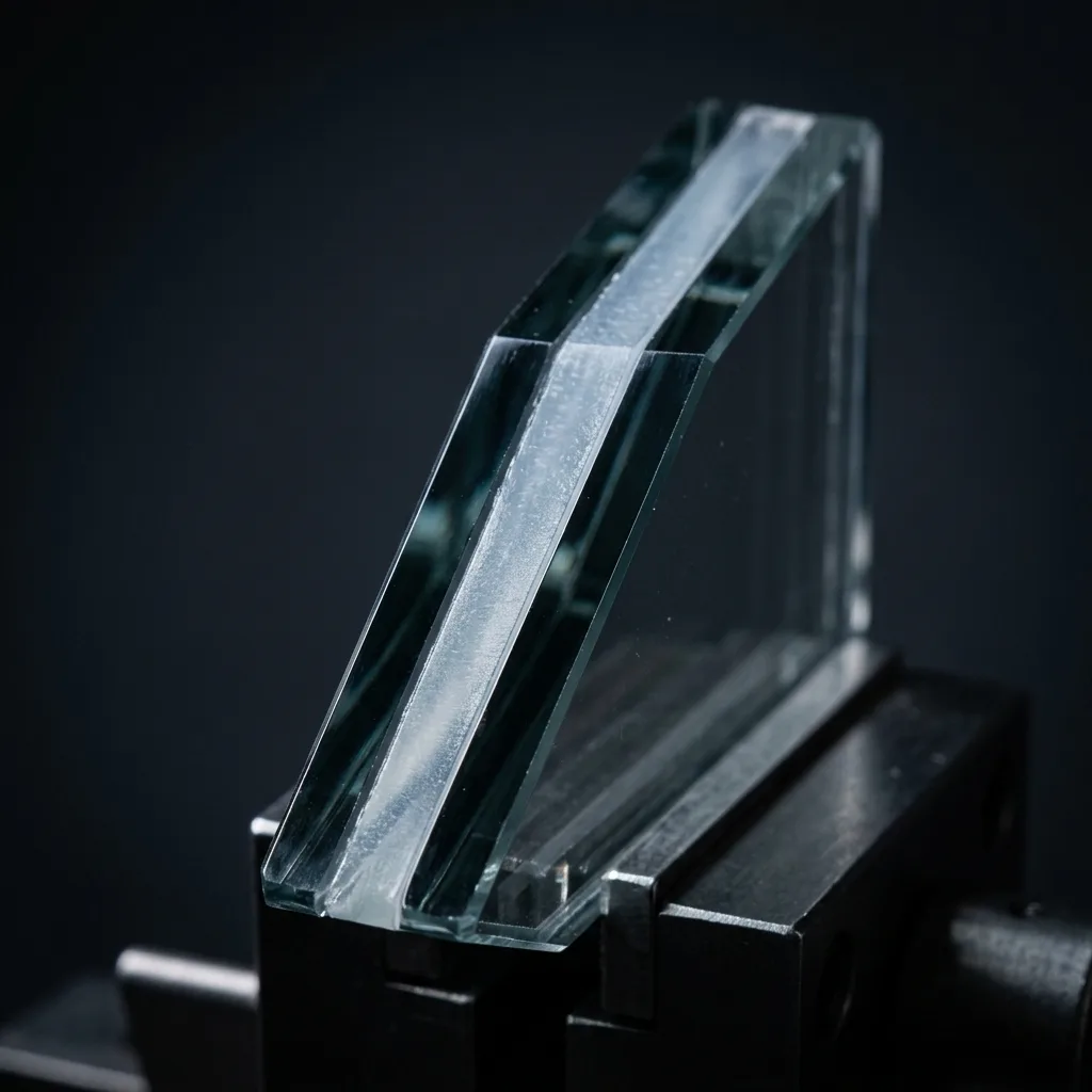 Cross-section of laminated acoustic glass showing two glass plies with PVB interlayer