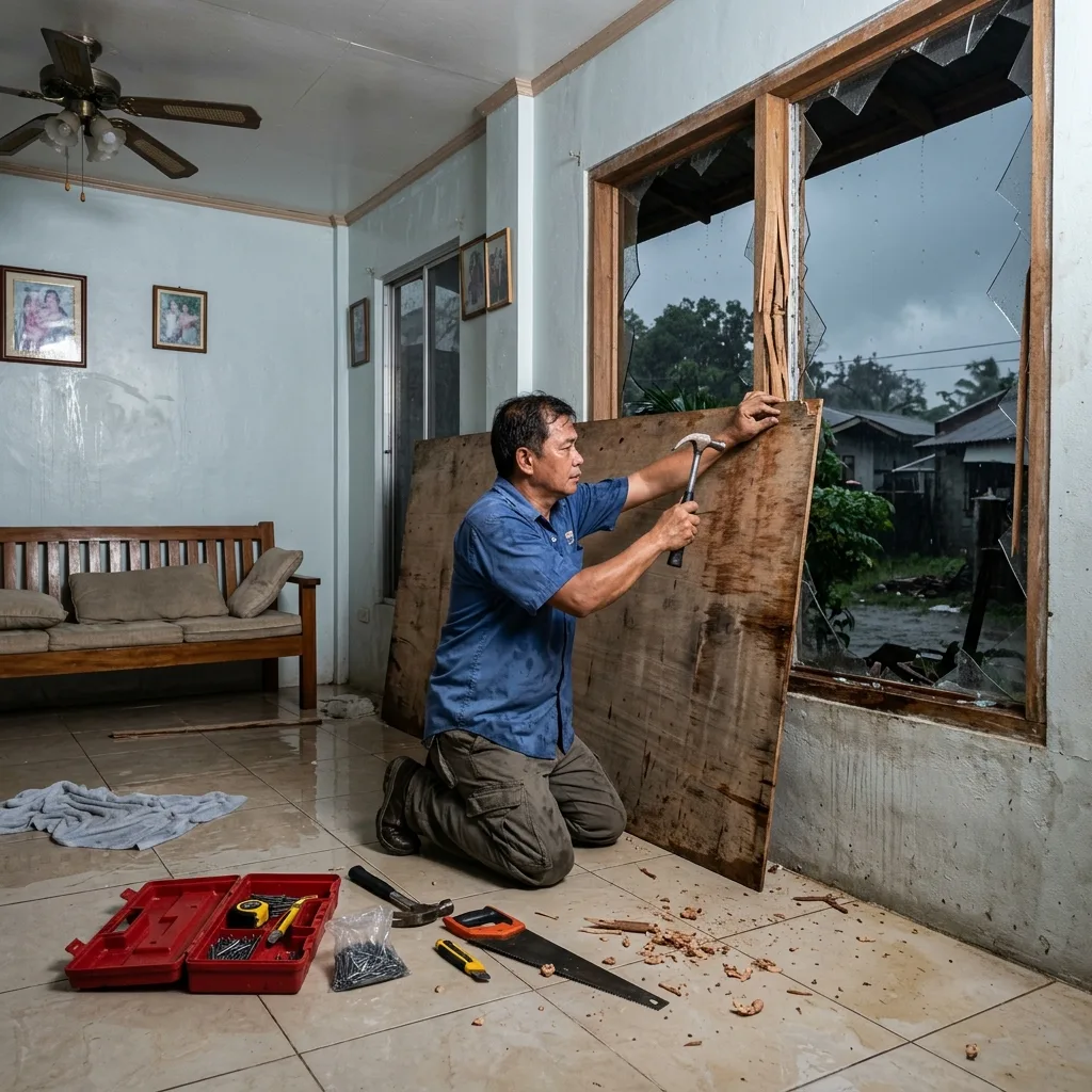 Temporary plywood boarding covering a damaged window opening to prevent further rain intrusion