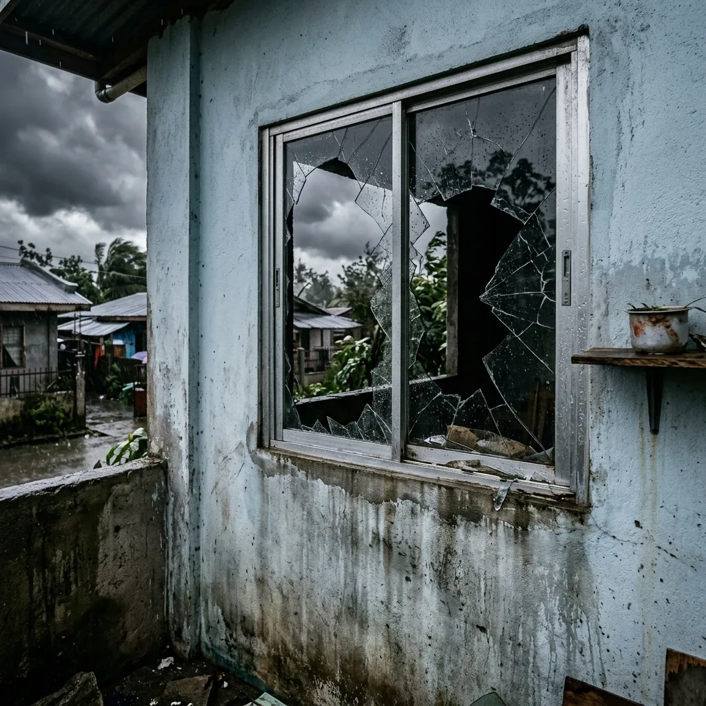 Window damage after typhoon in Philippine home