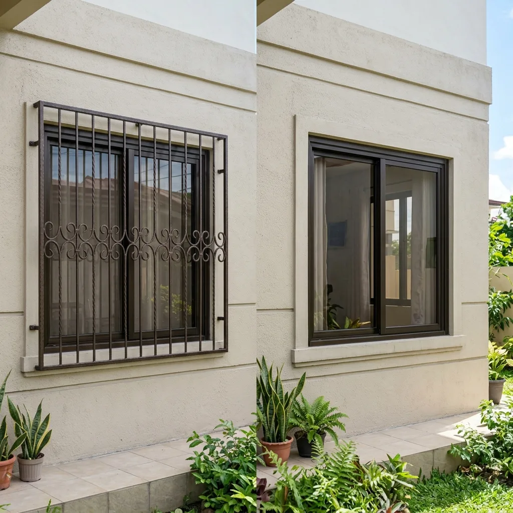 Side-by-side comparison of window with steel grilles and window without grilles