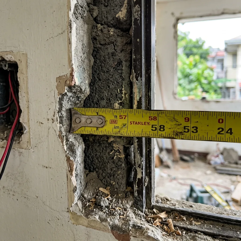 Close-up macro photo of a steel tape measure hooked onto the edge of a rough concrete window opening