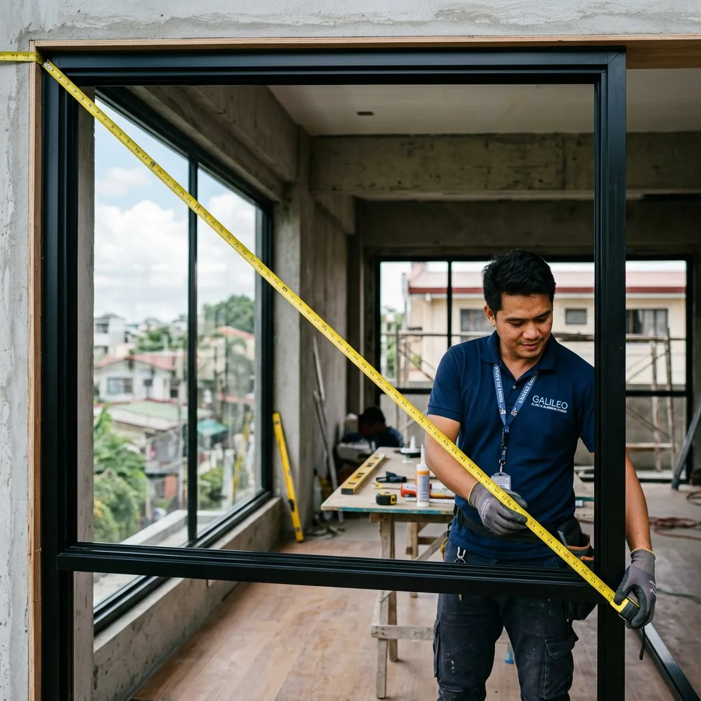 Glass installer stretching a yellow tape diagonally across an aluminum window frame to check for squareness